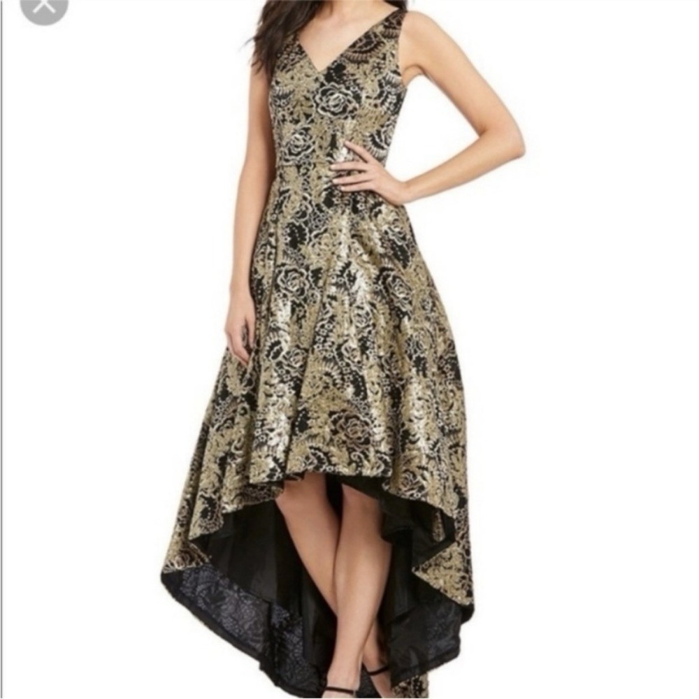 Calvin Klein Black Gold Sequin Hi Low Formal Sleeveless Evening Gown Pockets 6 - Picture 3 of 14